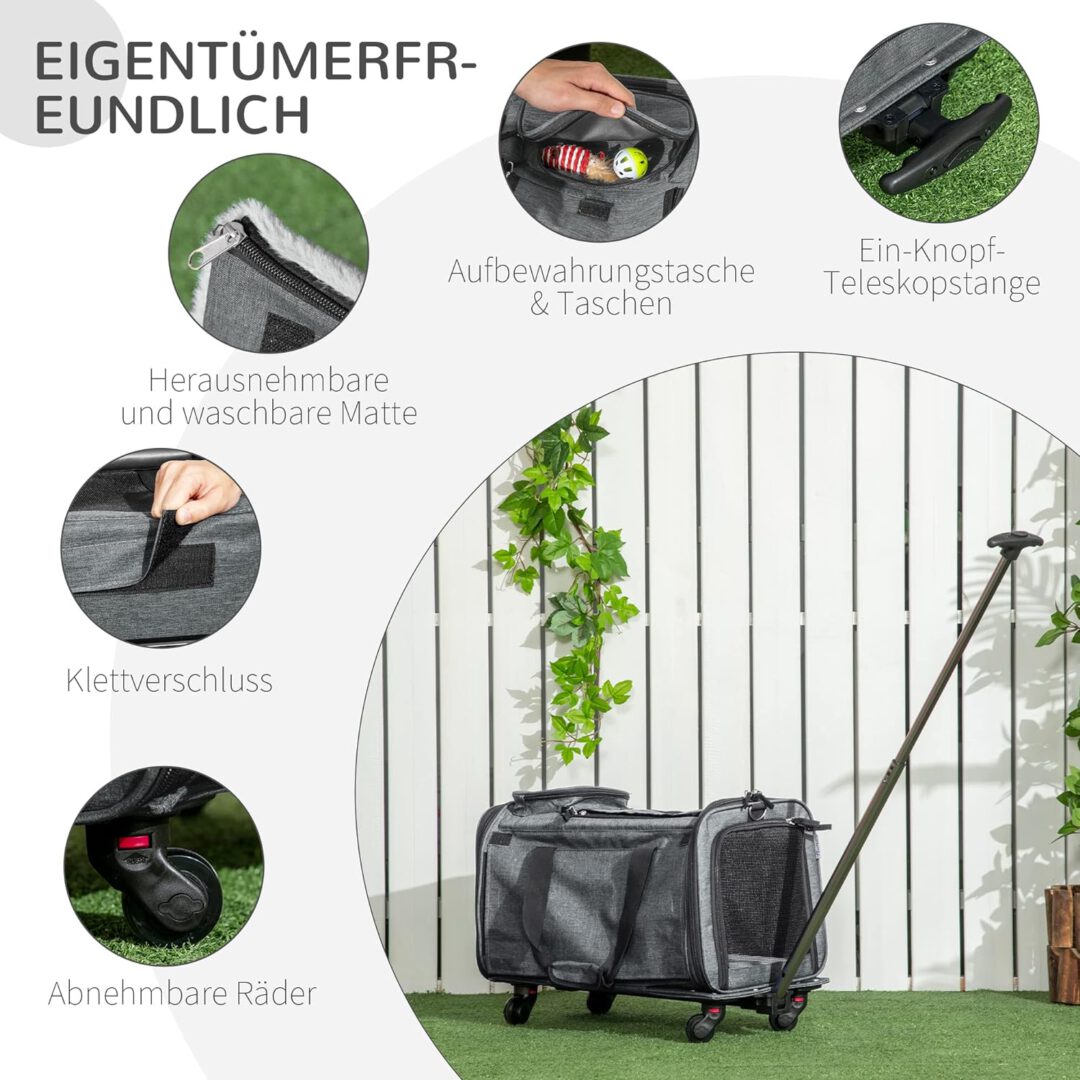 3-in-1 gyvūnų transportavimo krepšys su teleskopine rankena ir ratukais.