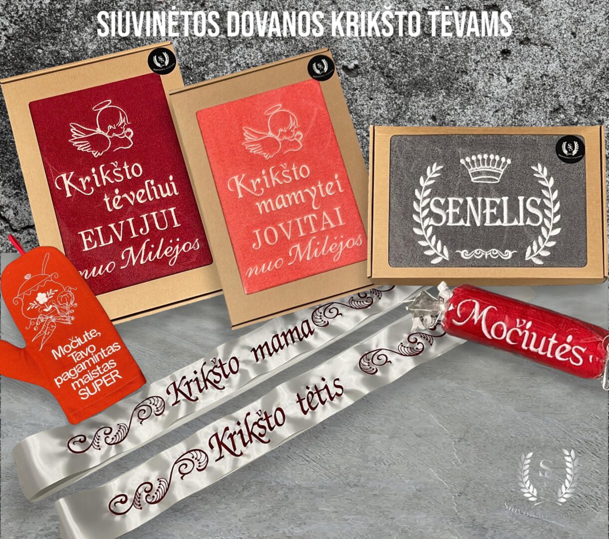 Siuvinėtos dovanos: rankšluosčiai, pagalvėlės, prijuostės, krepšiai ir kt.