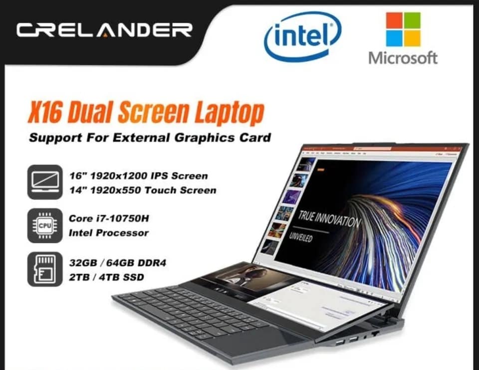 Parduodu naują CRELANDER Dviejų ekranų žaidimų nešiojamąjį kompiuterį 16 colių LCD ekranas + 14 colių jutiklinis ekranas 64GB RAM 2TB SSD, Intel Core i7-10750H
