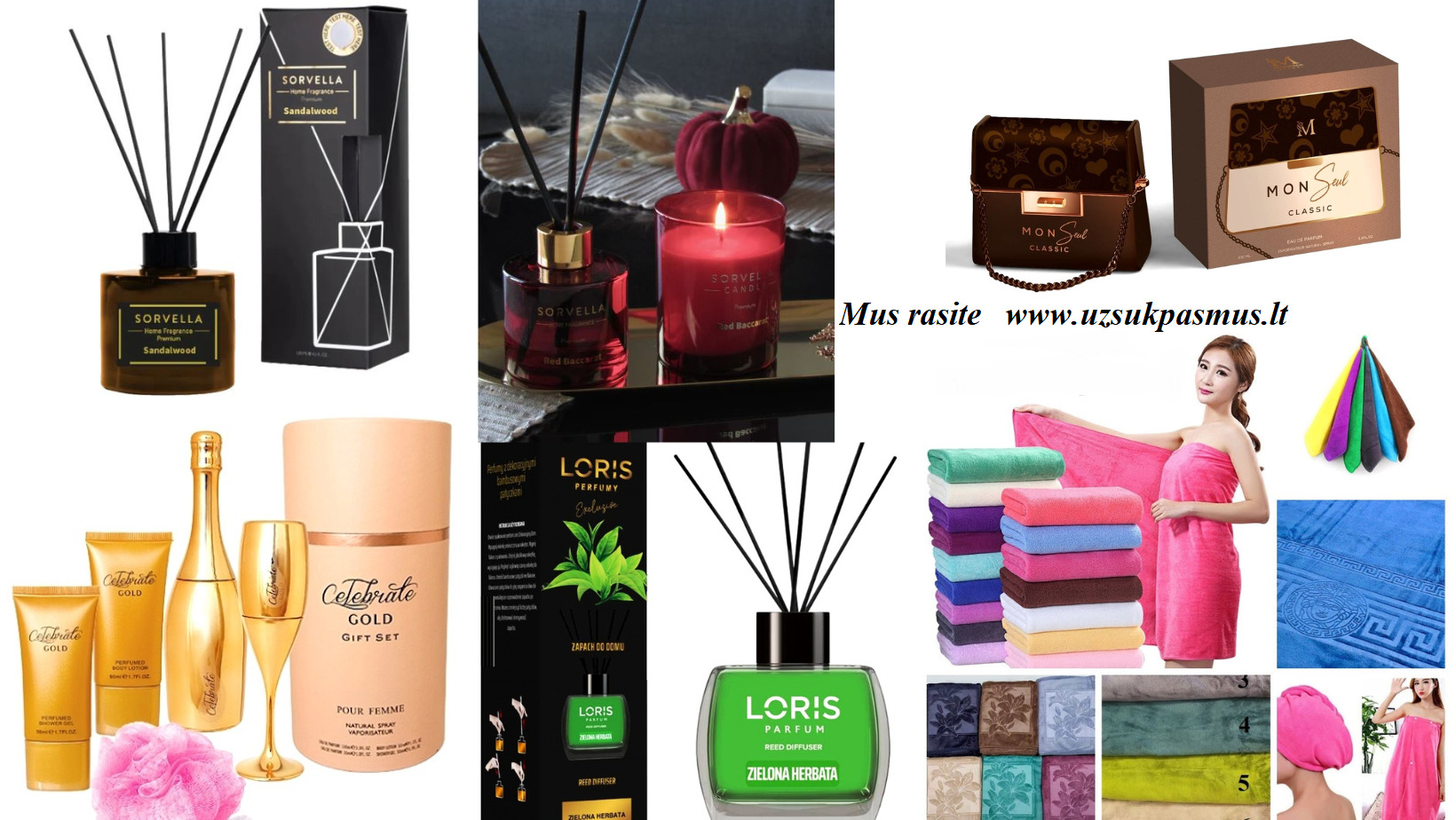 Mikrofibros rankšluosčiai, dovanų rinkiniai, sausi kvepalai, kvepalai, namų kvapai.