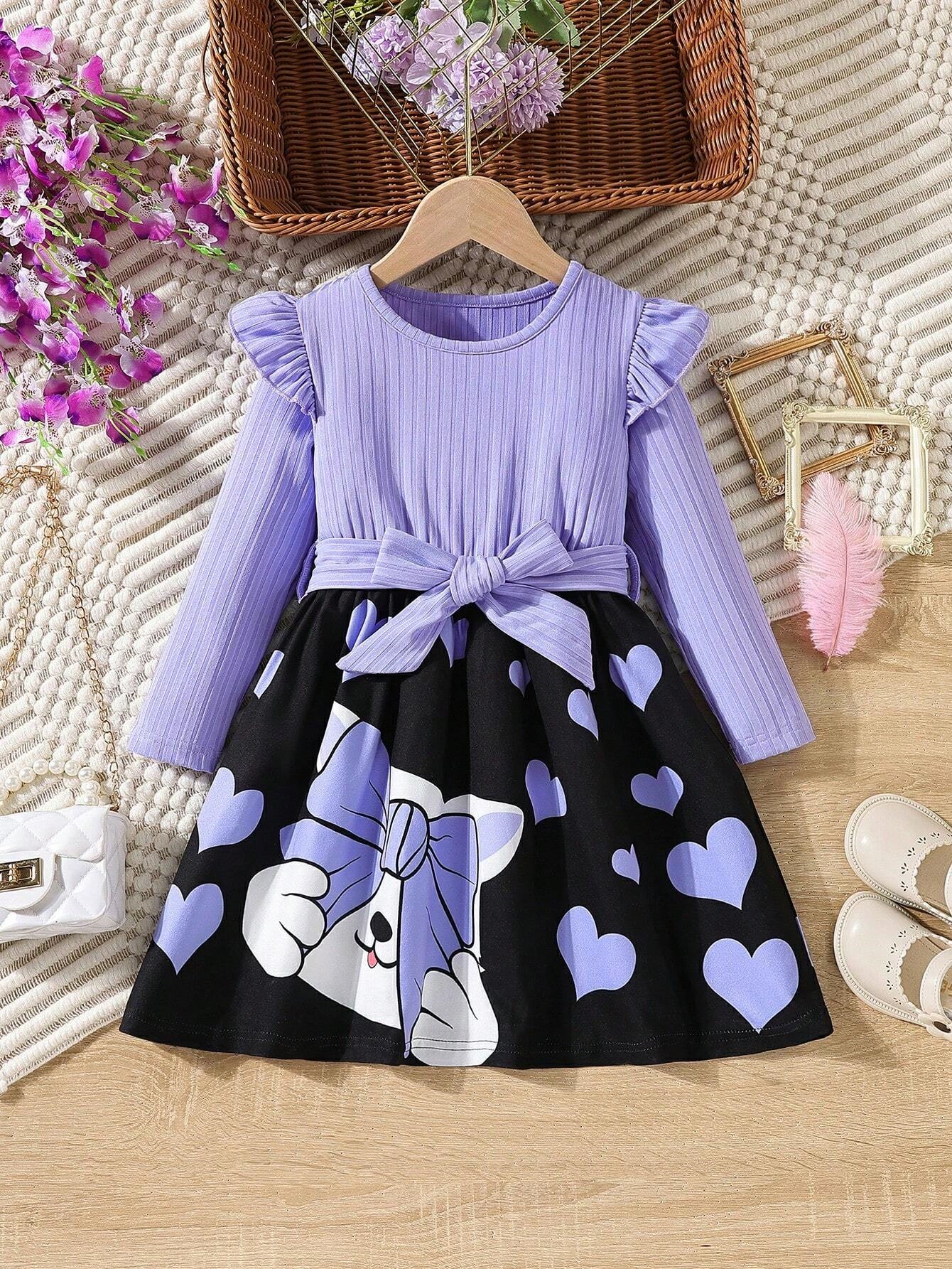 Violetinė juoda suknelė su dirželiu