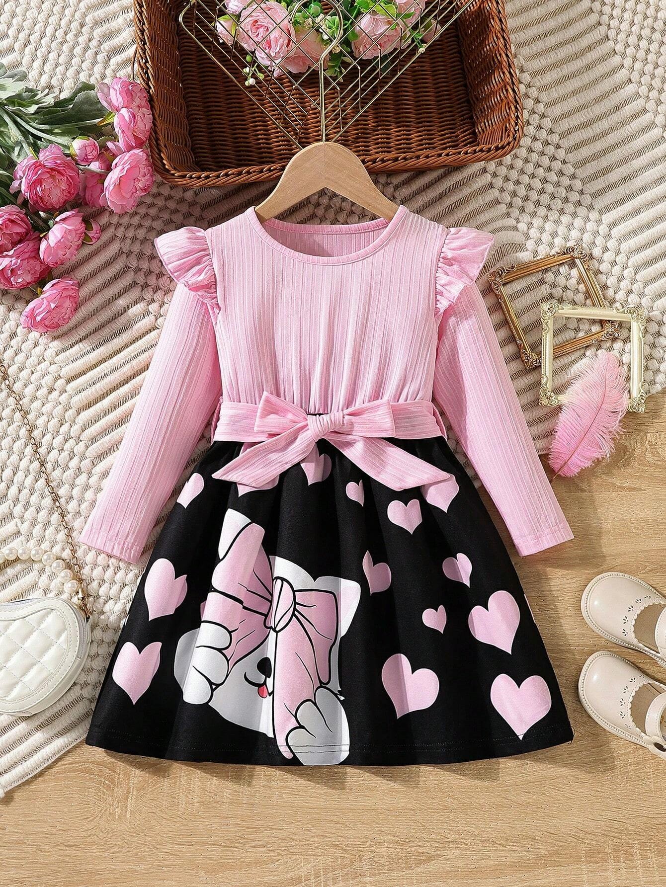 Rožinė juoda suknelė su dirželiu