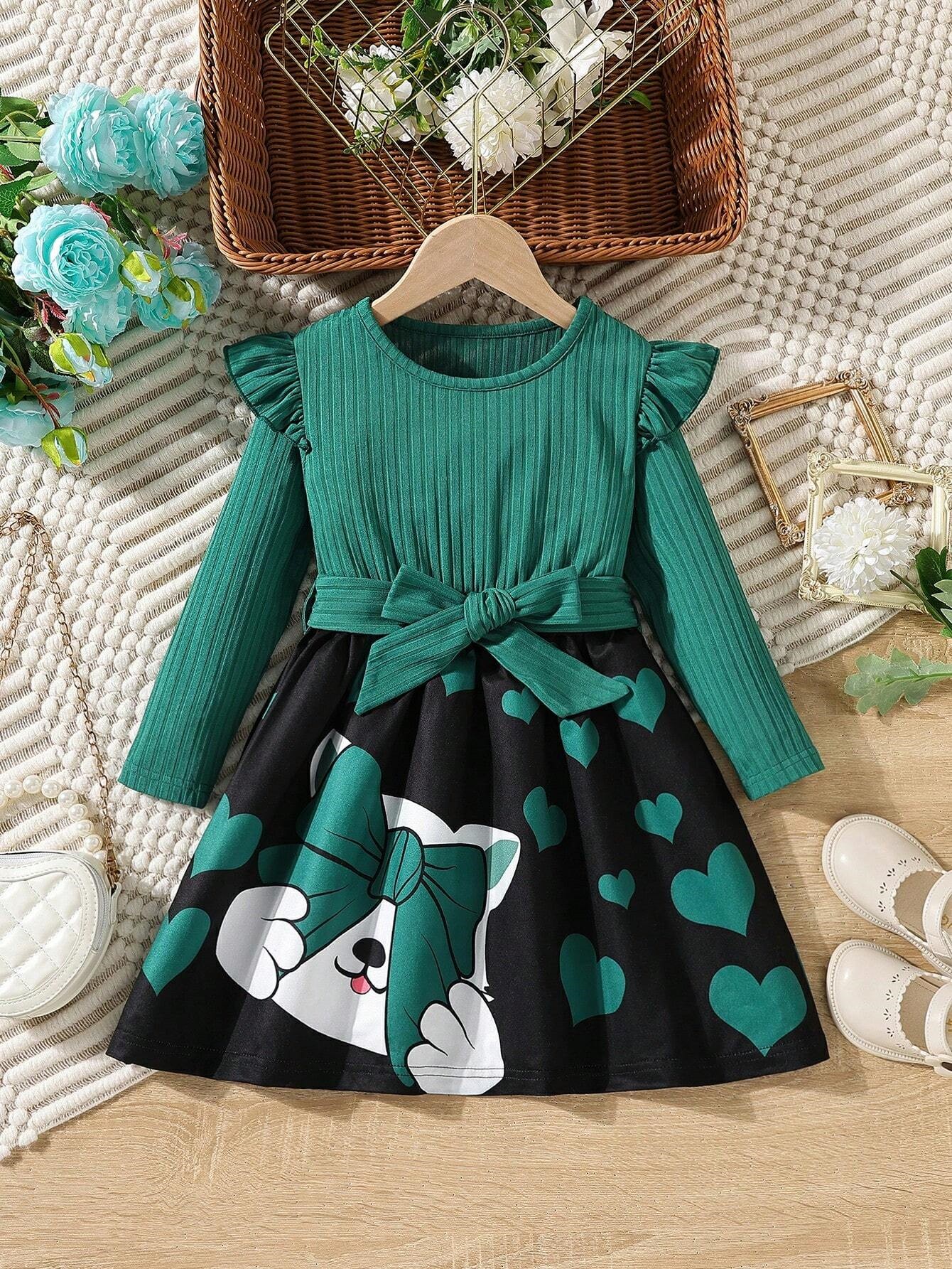 Žalia juoda suknelė su dirželiu