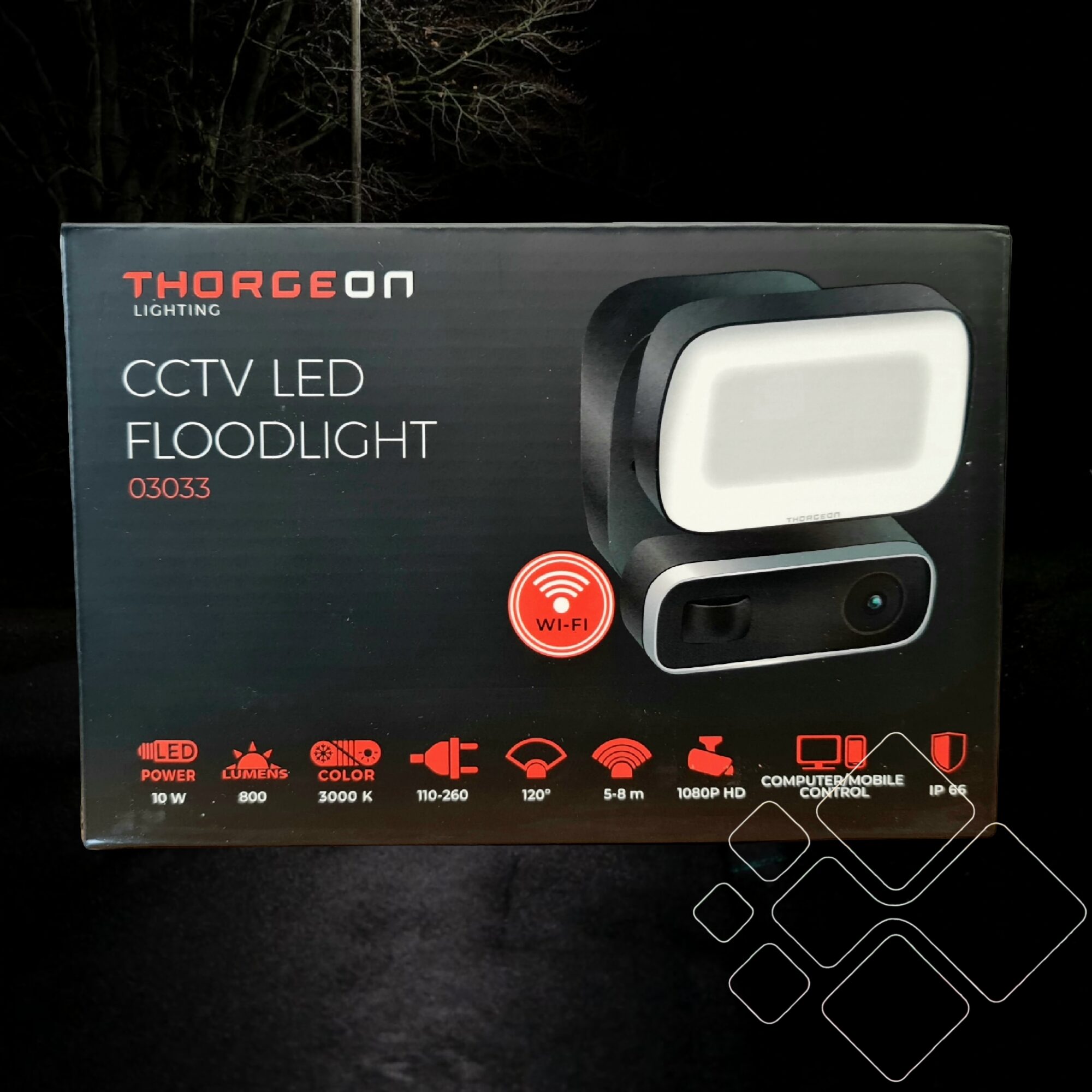 Wi-Fi CCTV LED prožektorius, 10W 3000K 800Lm, PIR jutiklis, 1080p HD kamera, IP65, THORGEON