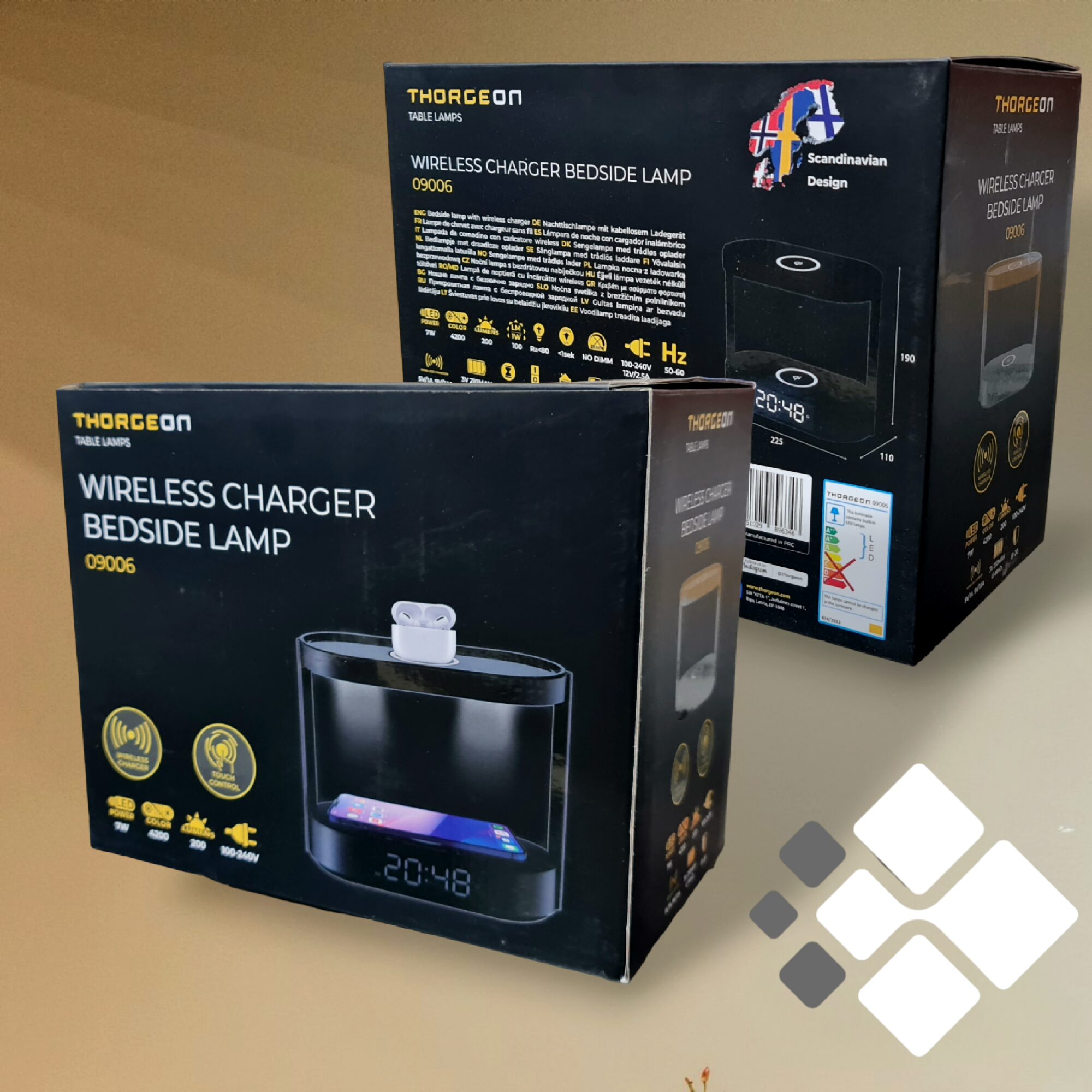 Stalinė LED lempa – žadintuvas su dvigubu belaidžiu įkrovikliu