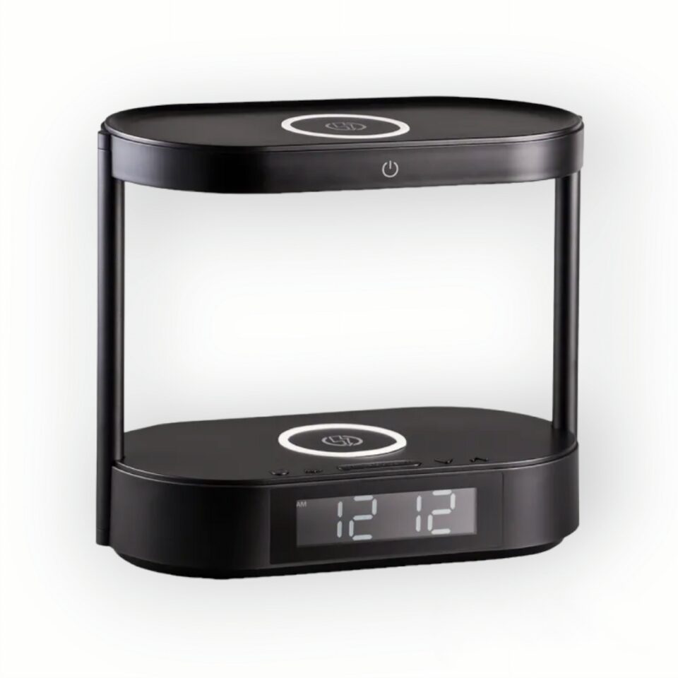 Stalinė LED lempa – žadintuvas su dvigubu belaidžiu įkrovikliu