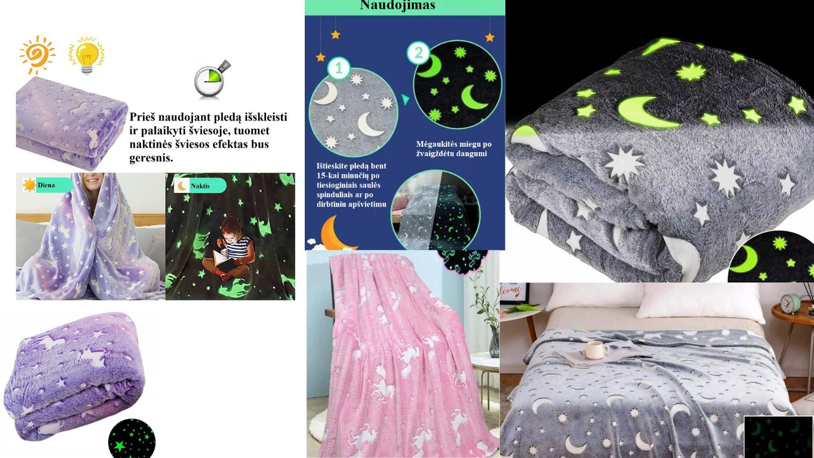 Tamsoje šviečiantys unikalūs mikrofibros pledai