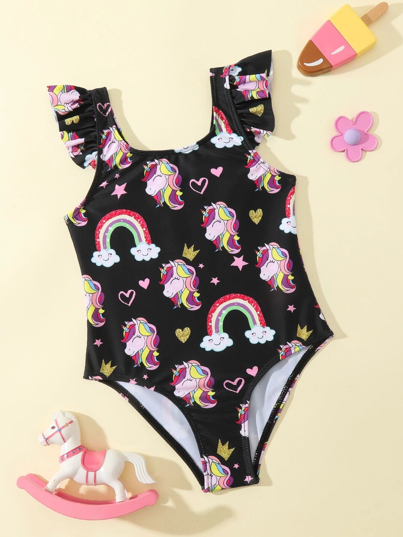 Juodas vientisas maudymosi kostiumėlis Vienaragiai