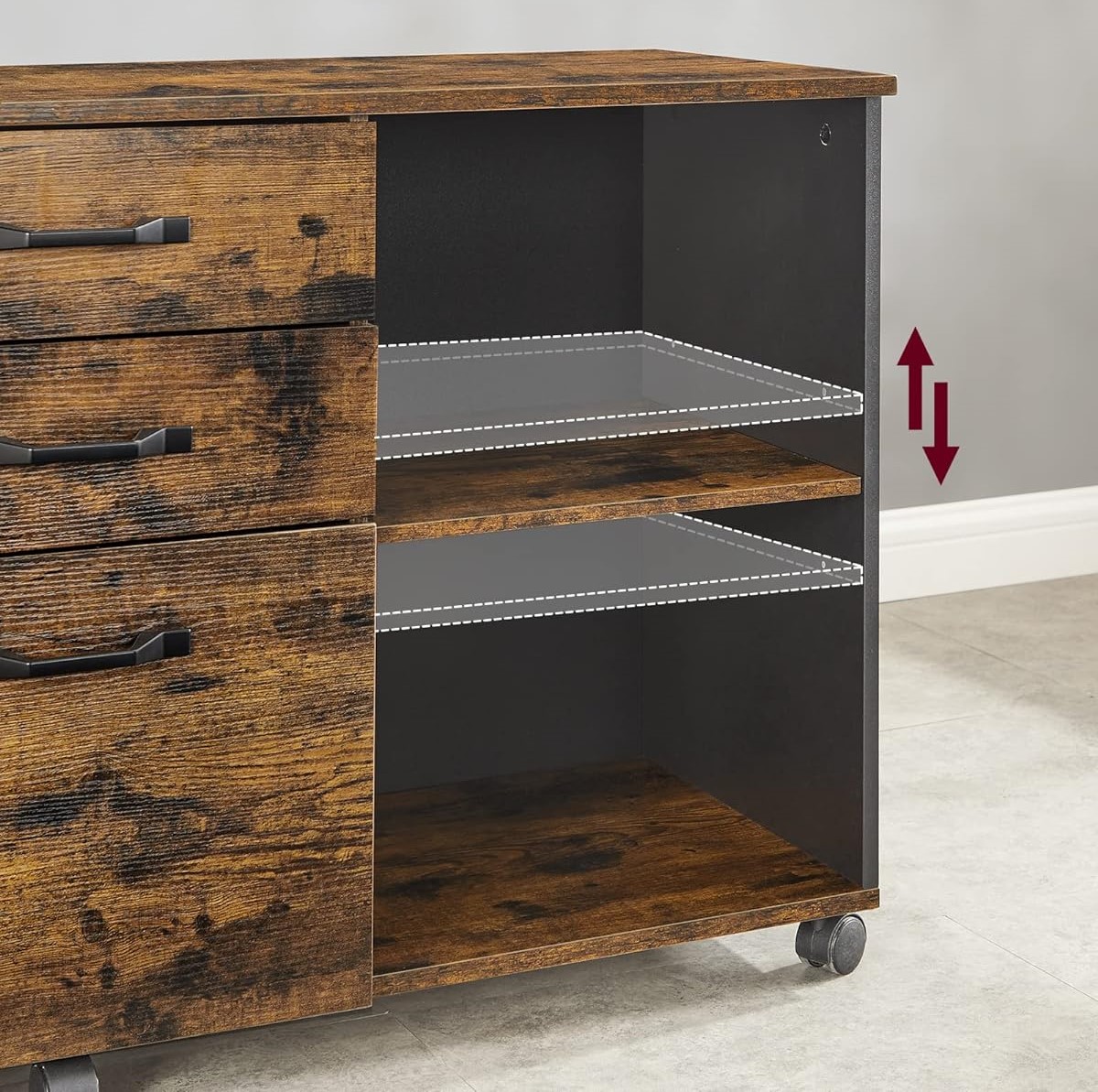 Spintelė su 3 stalčiais ir ratukais.