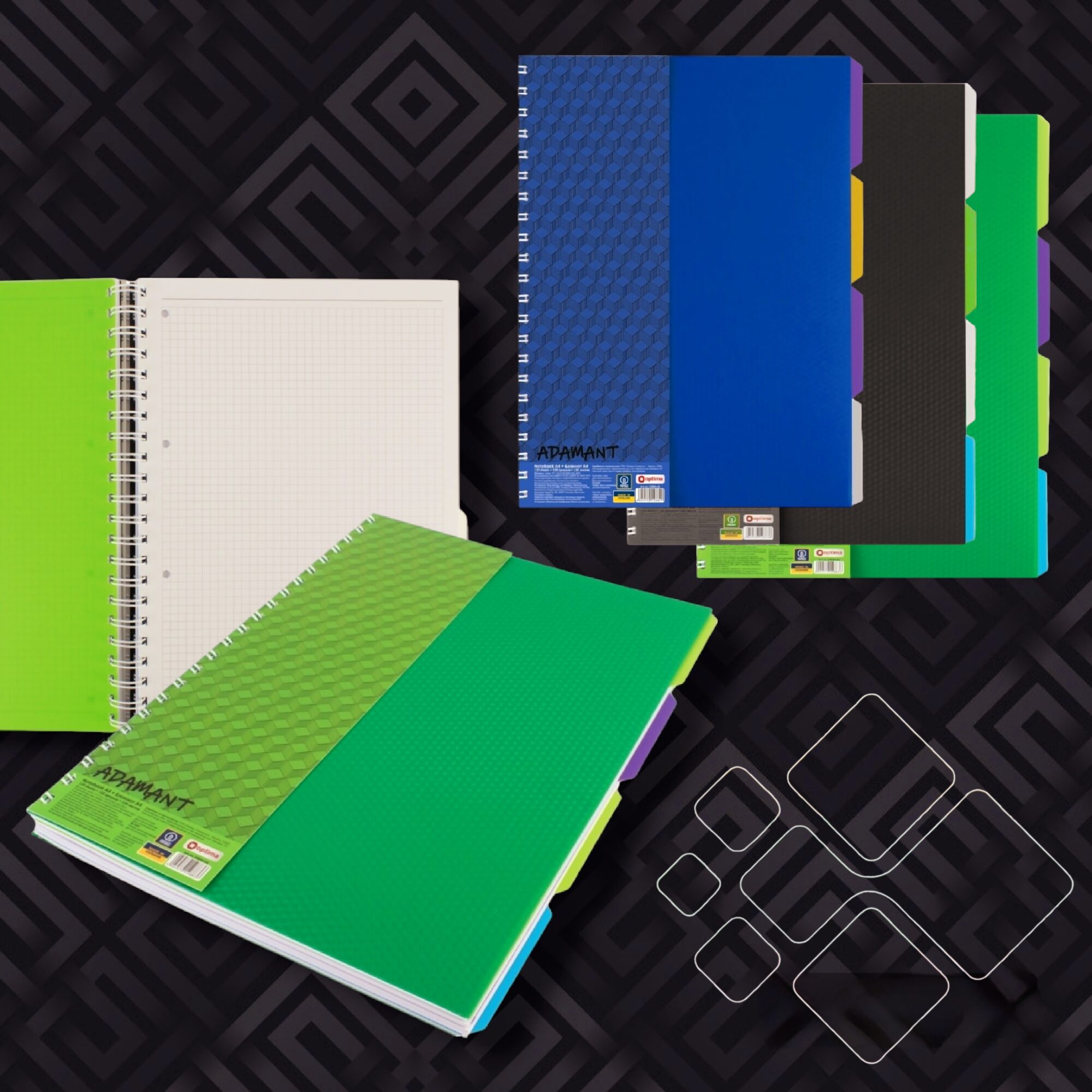 Bloknotas langeliais ADAMANT Optima su spirale šone, plastikinis viršelis