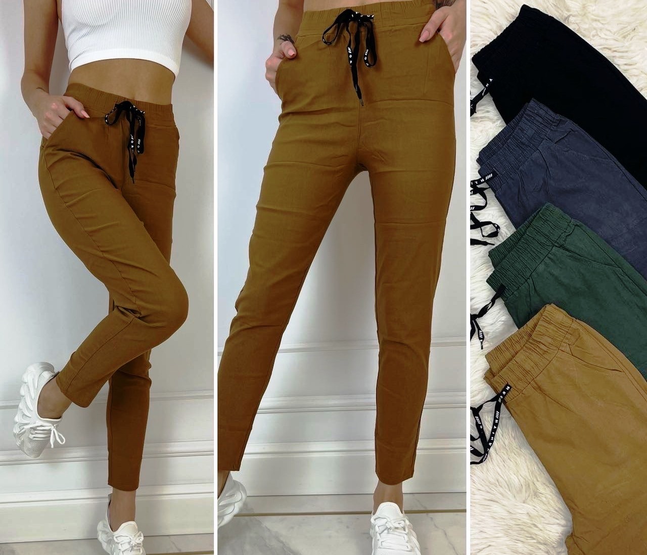 Tamprios kelnės, su kišenėmis, aukštas liemuo