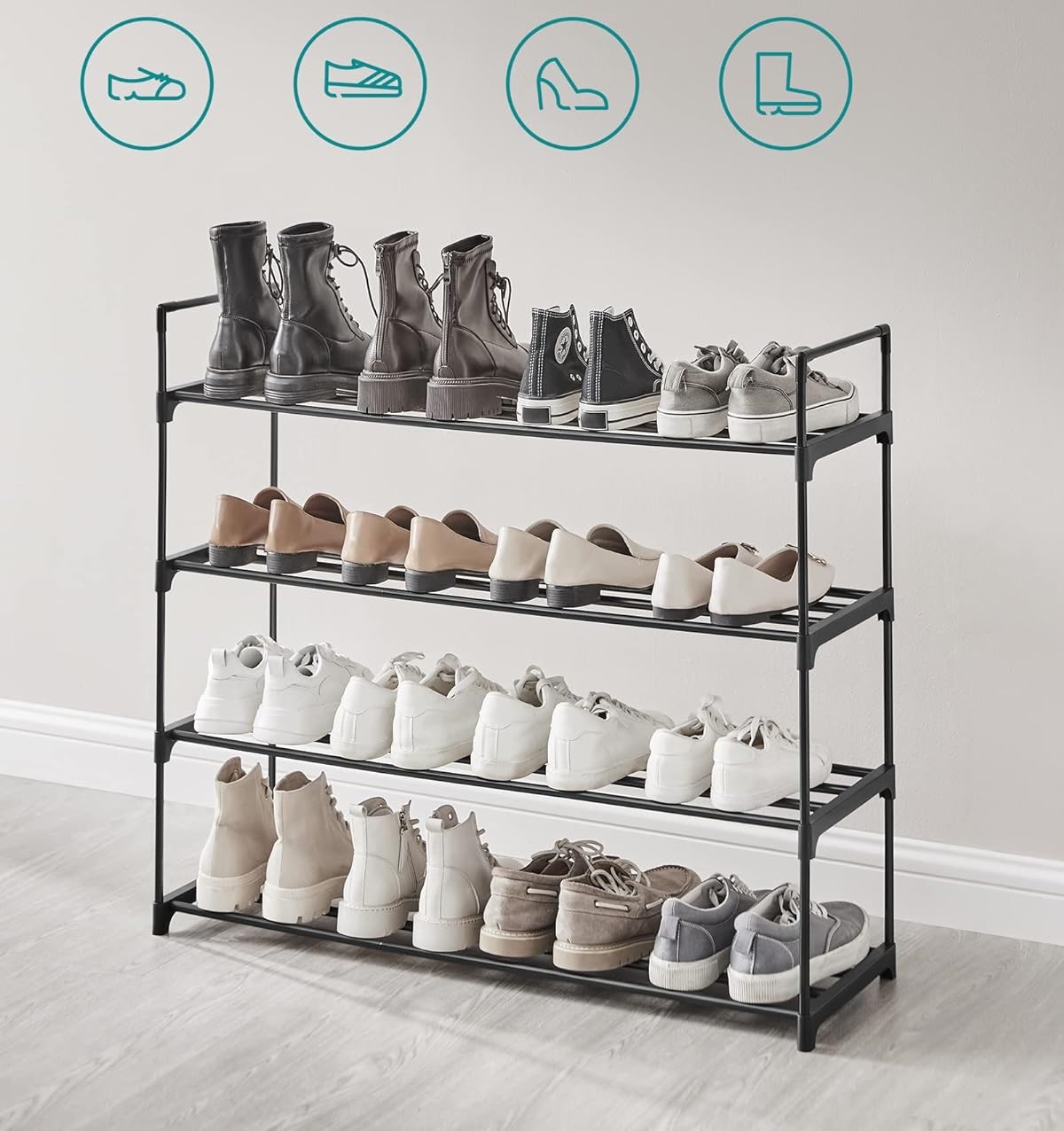 4 pakopų metalinė batų laikymo lentyna.