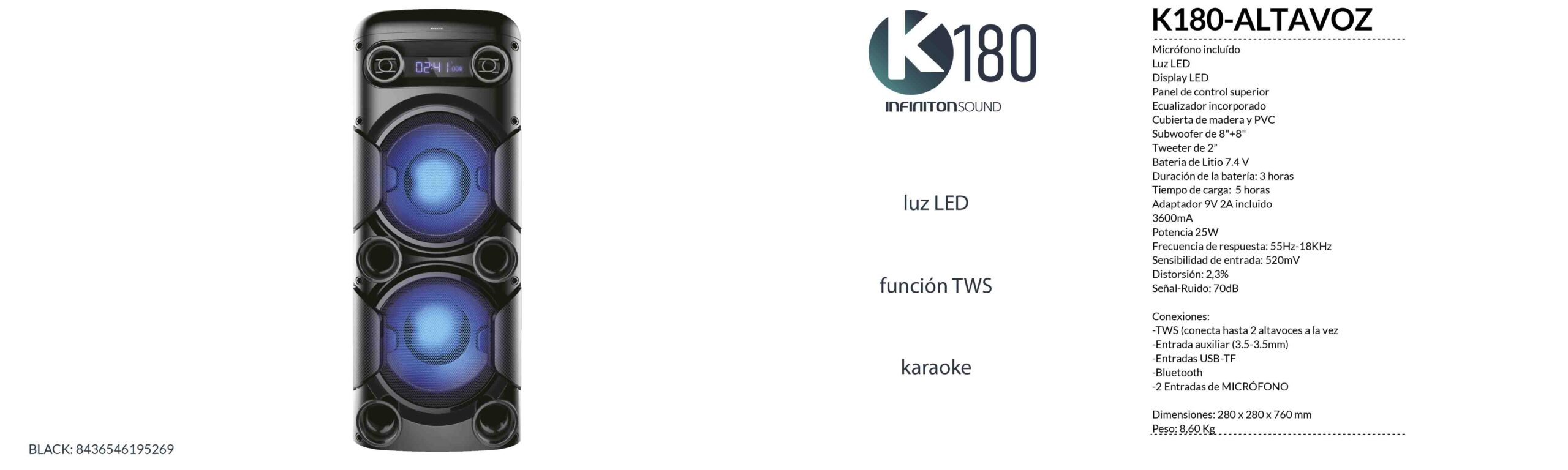 Nešiojamos Bluetooth garso kolonėlės Infiniton K180 Juoda 180 W