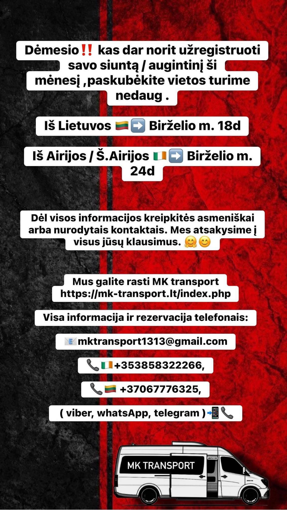 MK TRANSPORT – smulkių siuntinių, gyvūnų bei krovinių pervežimai