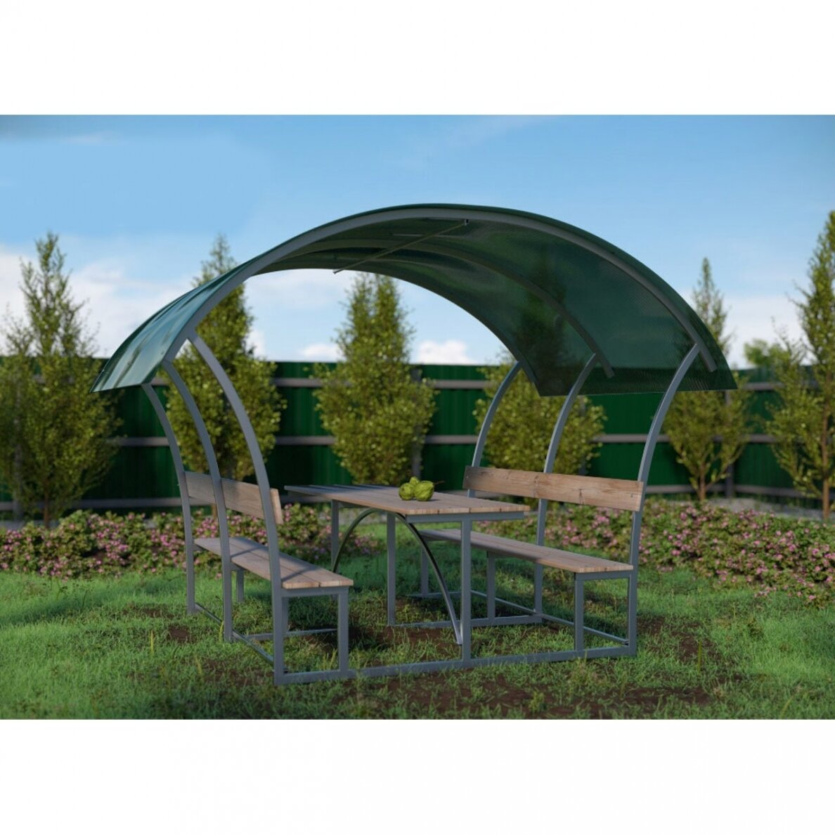 Lauko pavėsinė – metalinis rėmas + polikarbonatinė danga + stalas + 2 vnt. suolai