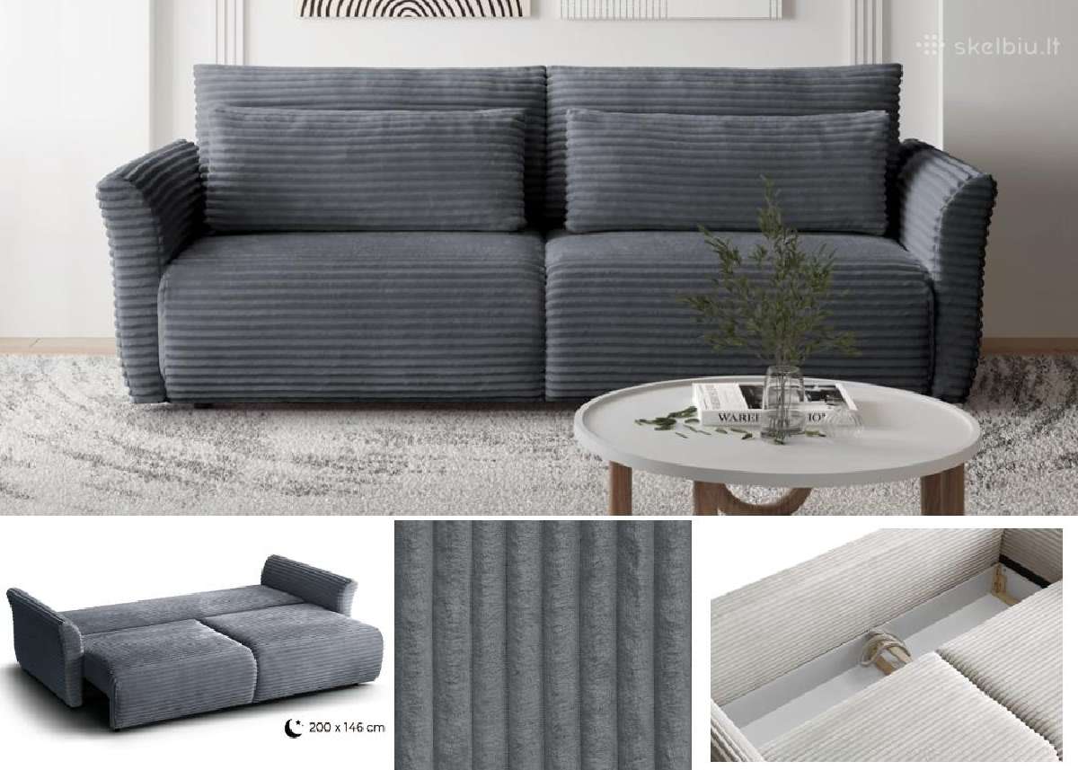 Pilka sofa-lova “Tamir su dėže patalynei