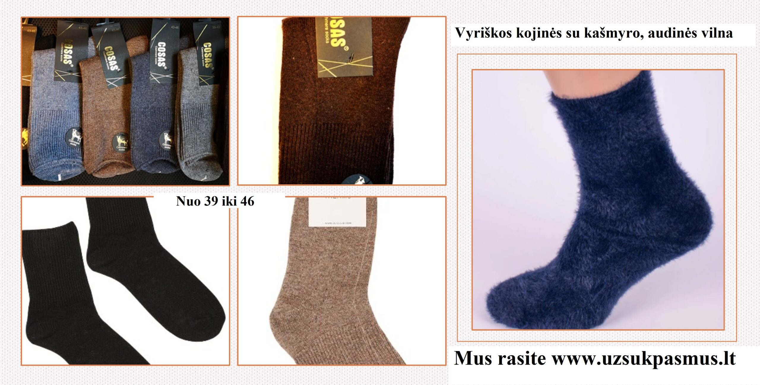 Moteriškos ir vyriškos Cosas kojinės su kašmyro, alpakos vilna