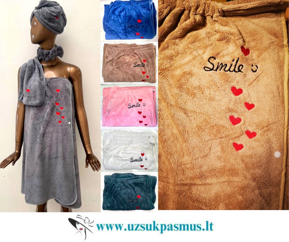 Komplektasį: pirties rankšluostis, rankšluostukas, galvajuostė ir turbanas