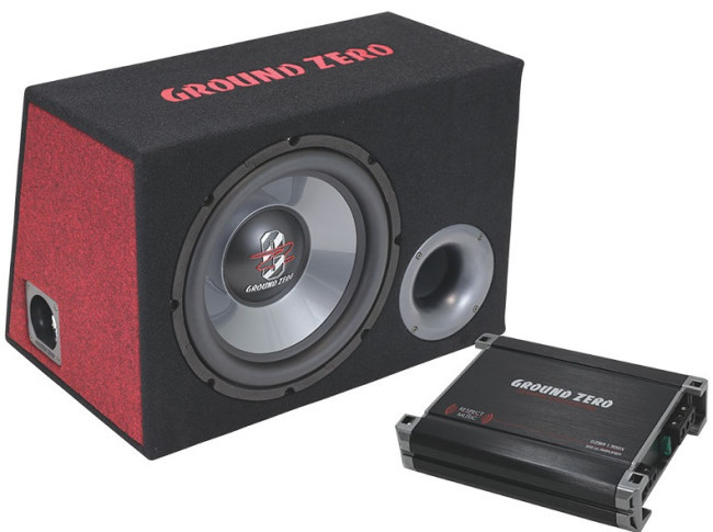 Ground Zero GZ BASS KIT 12.300 – 12″ Rinkinys rinkinyje yra. GZBA 2.300 stiprintuvas 37 su 30 cm / 12″ žemų dažnių garsiakalbiu