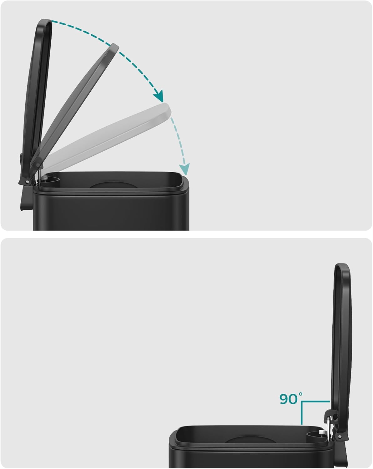 Įvairios šiukšliadėžės su dangčiais.