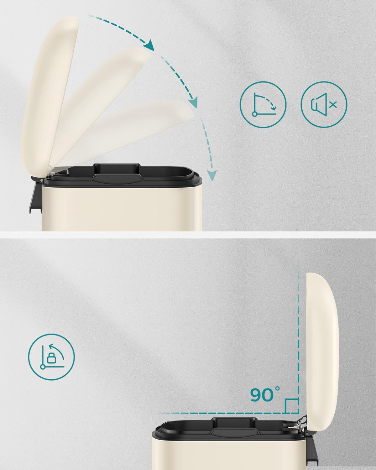 Įvairios šiukšliadėžės su dangčiais.