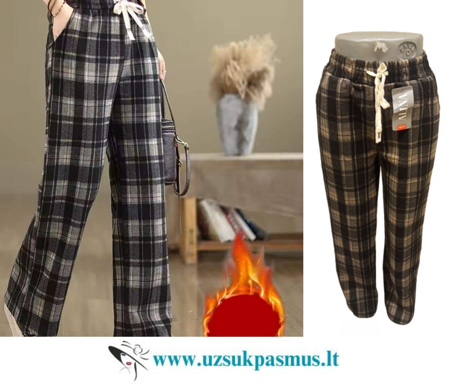 Languotos kelnės su pašiltinimu, aukštu liemeniu, su kišenėmis