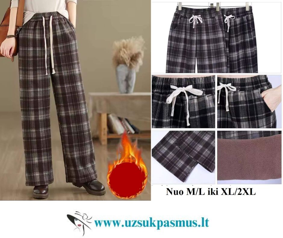 Languotos kelnės su pašiltinimu, aukštu liemeniu, su kišenėmis