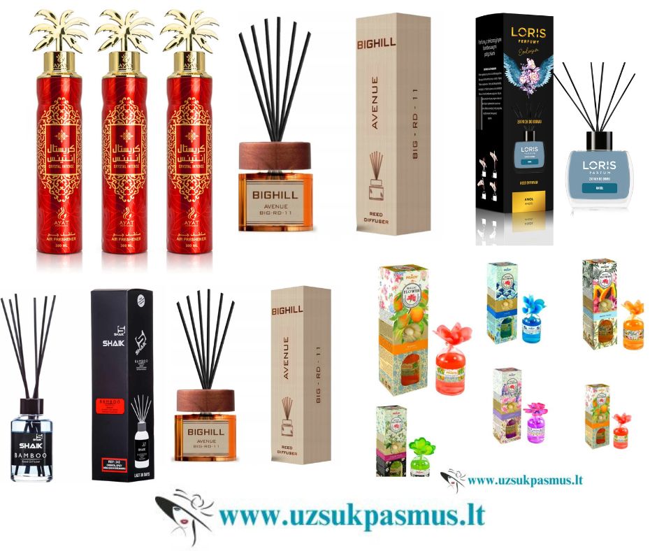 Namų kvapai: Sorvella, Bighil, Eyfel, Loris, Shaik, Ilgiz, Cavayelo, arabiški, VIP, Prady, 7Y Casa Perfums, Fragrance, Pure Essence, Charmens,Golden Silva, Oxyd, Live in Lofe ir kt.