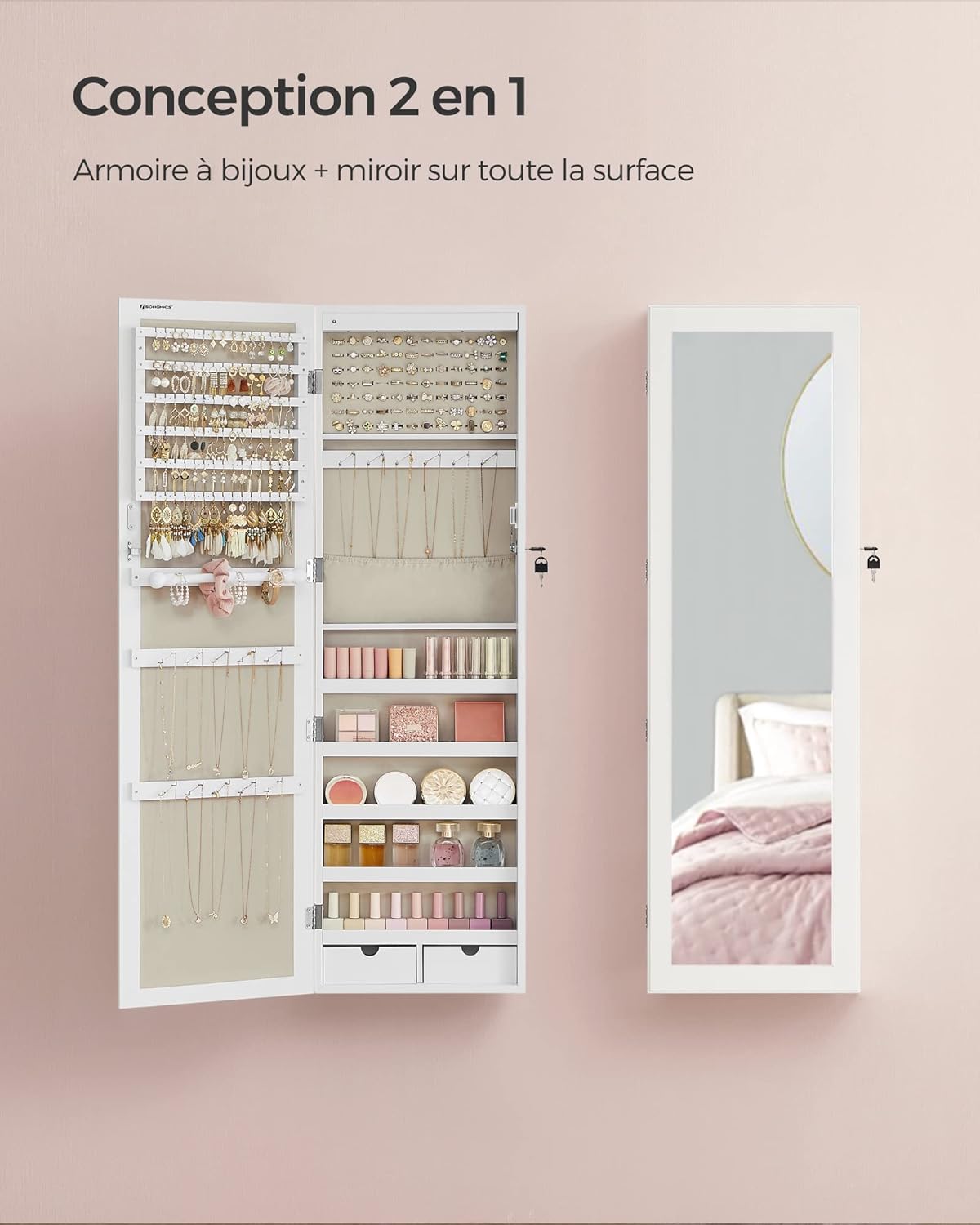 Papuošalų spintelė su veidrodžiu.