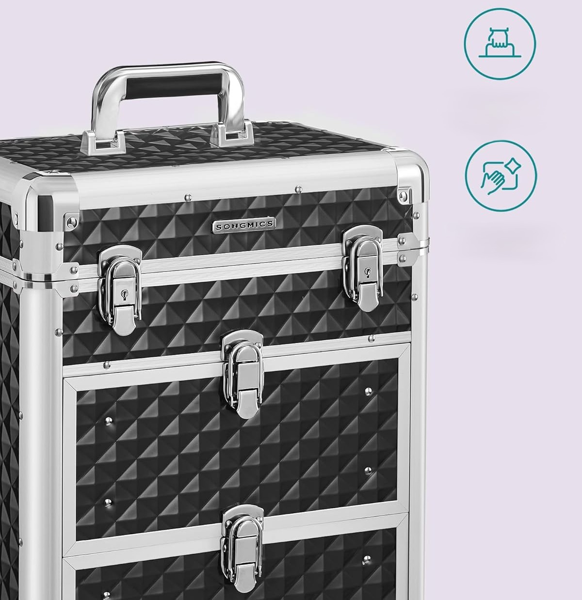 Darbinis/kosmetinis lagaminas su 3 skyriais ir ratukais.