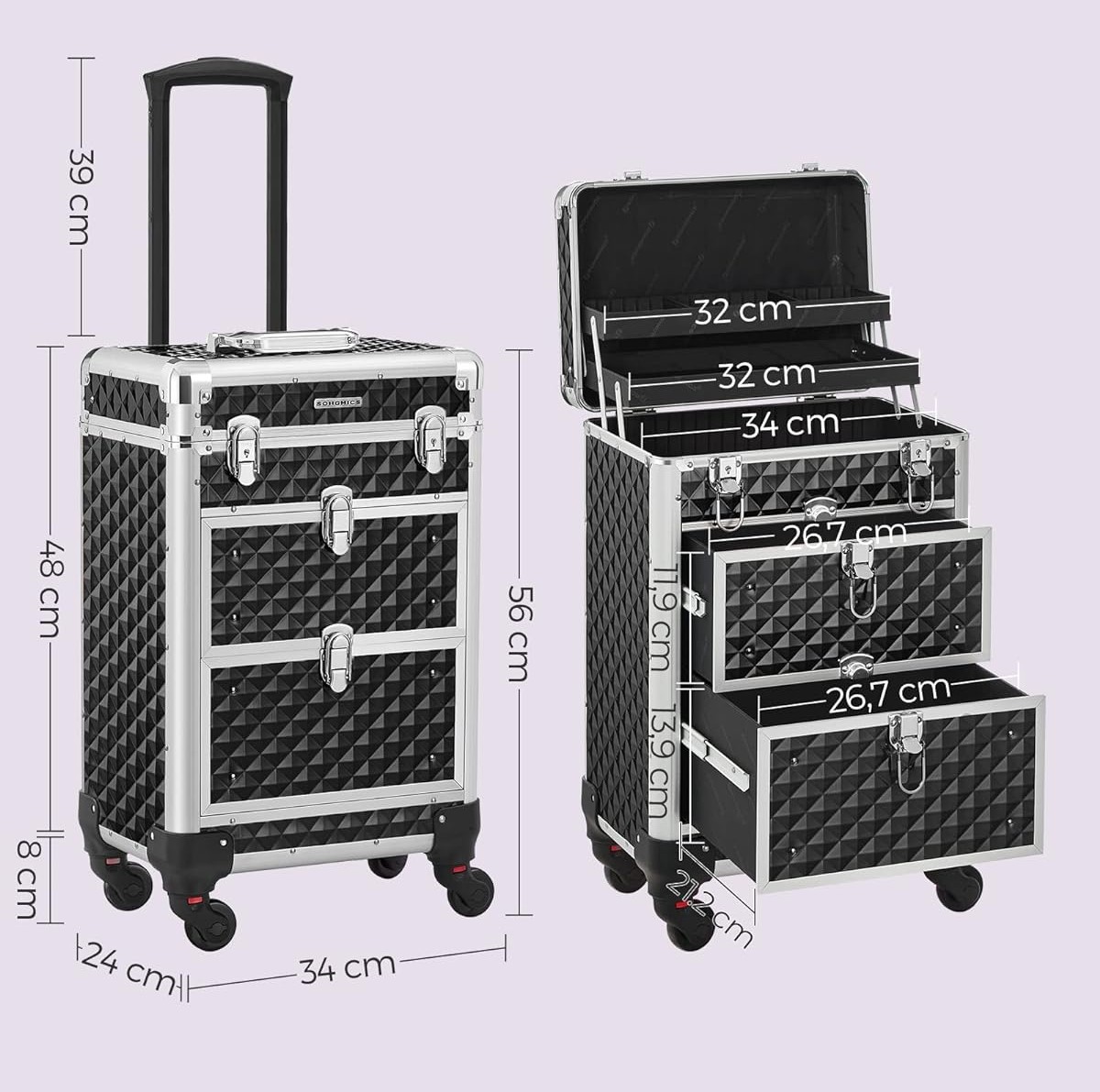Darbinis/kosmetinis lagaminas su 3 skyriais ir ratukais.