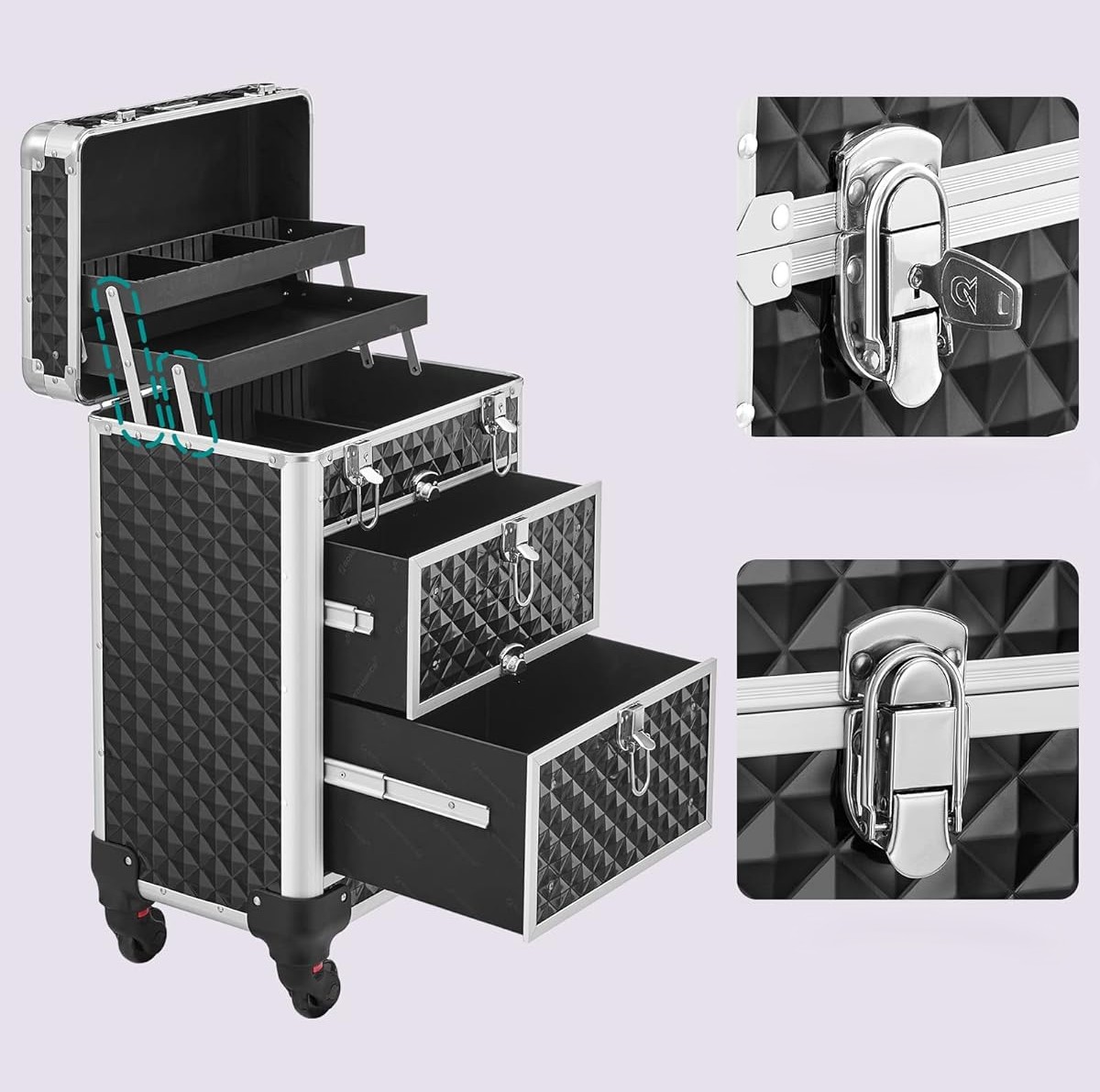 Darbinis/kosmetinis lagaminas su 3 skyriais ir ratukais.