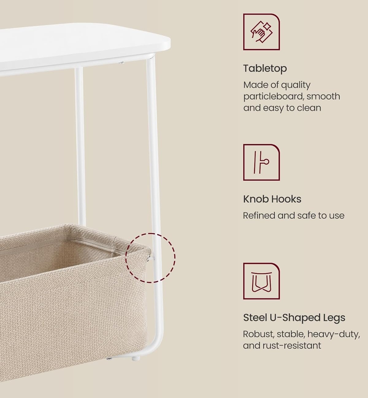 Šoninis staliukas su medžiaginiu krepšeliu.