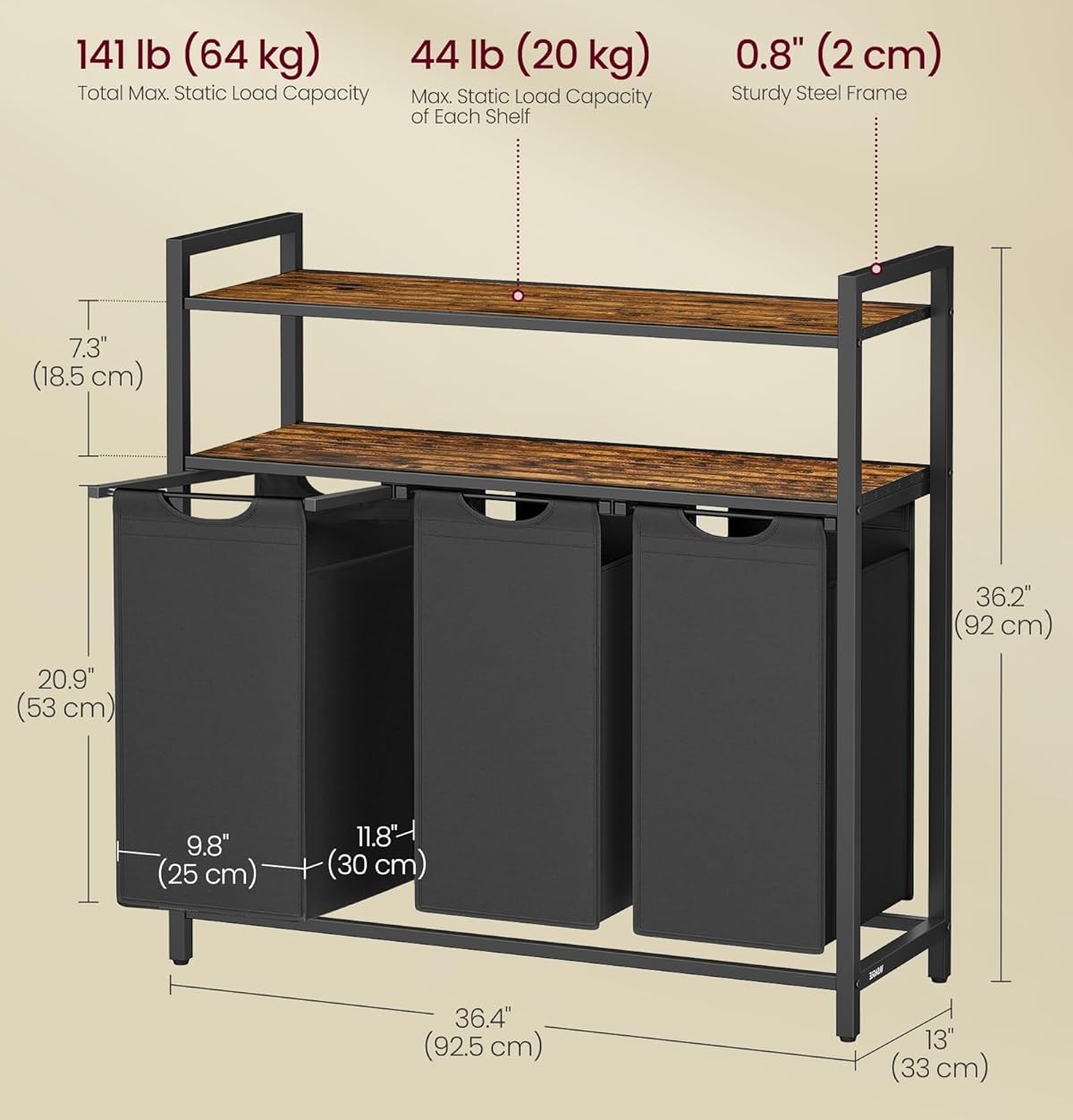 Vonios skalbinių lentyna su krepšiais
