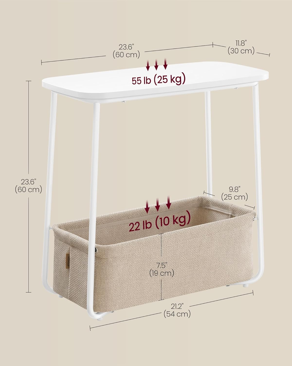 Šoninis staliukas su medžiaginiu krepšeliu.