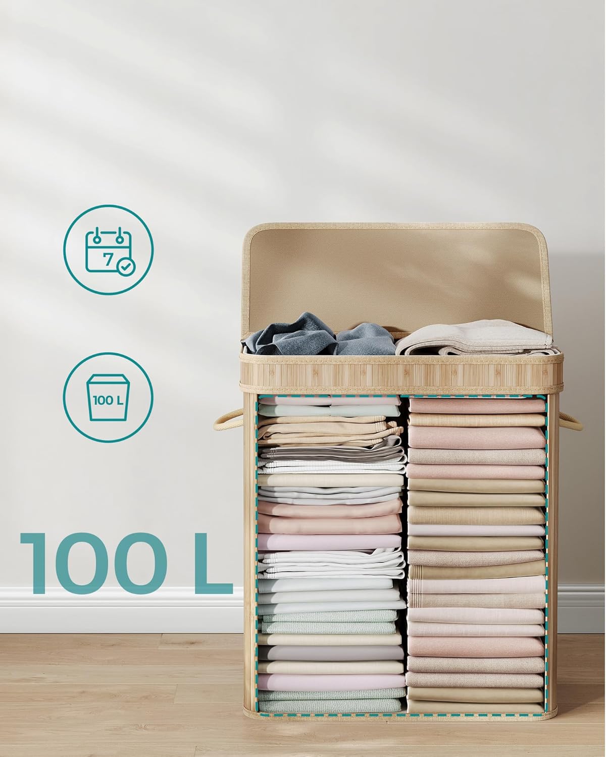 Bambukinis skalbinių krepšys su dangčiu 100 L.
