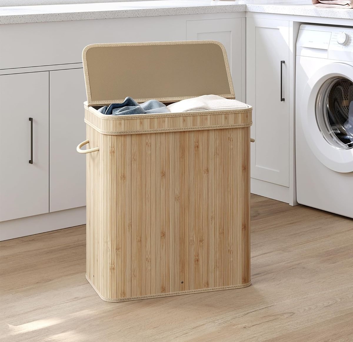 Bambukinis skalbinių krepšys su dangčiu 100 L.