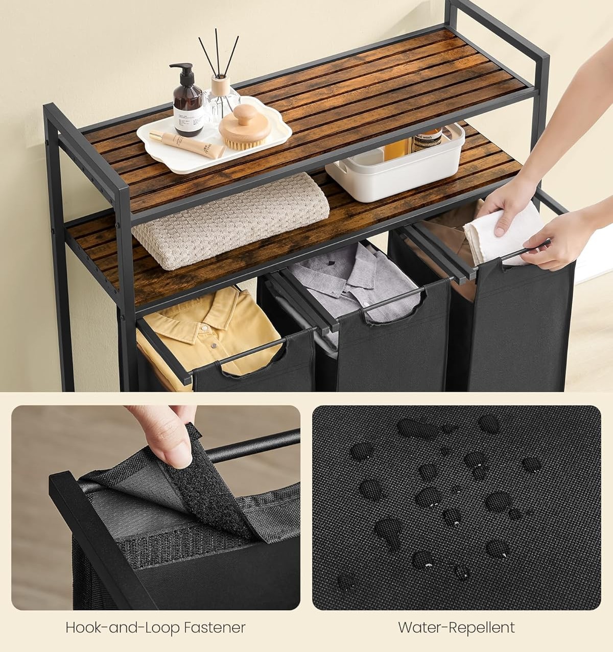 Vonios skalbinių lentyna su krepšiais