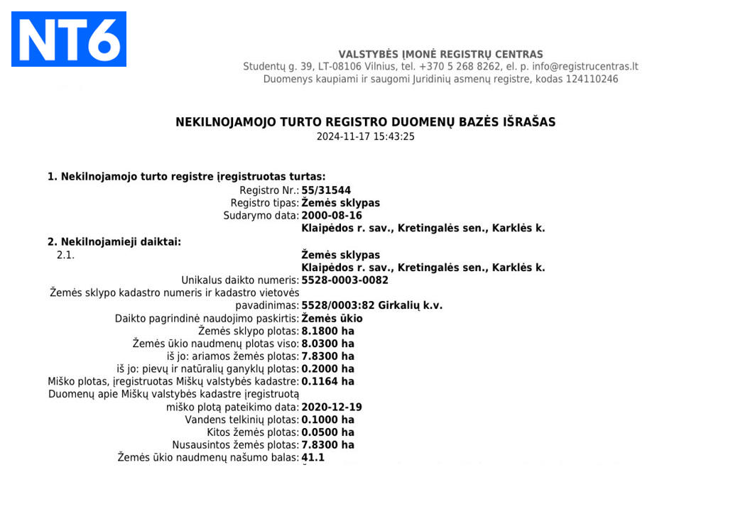 PARDUODAMAS 8 HEKTARŲ SKLYPAS KARKLĖJE
