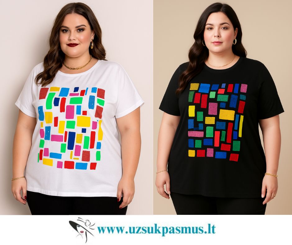 Didelių dydžių palaidinės su spalvotais raštais ir cirkonio akutėmis