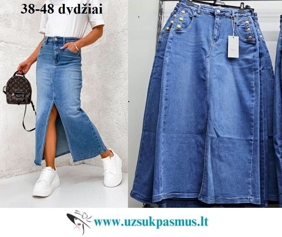 Džinsinis sijonas su skeltuku ir sagomis apkūnioms